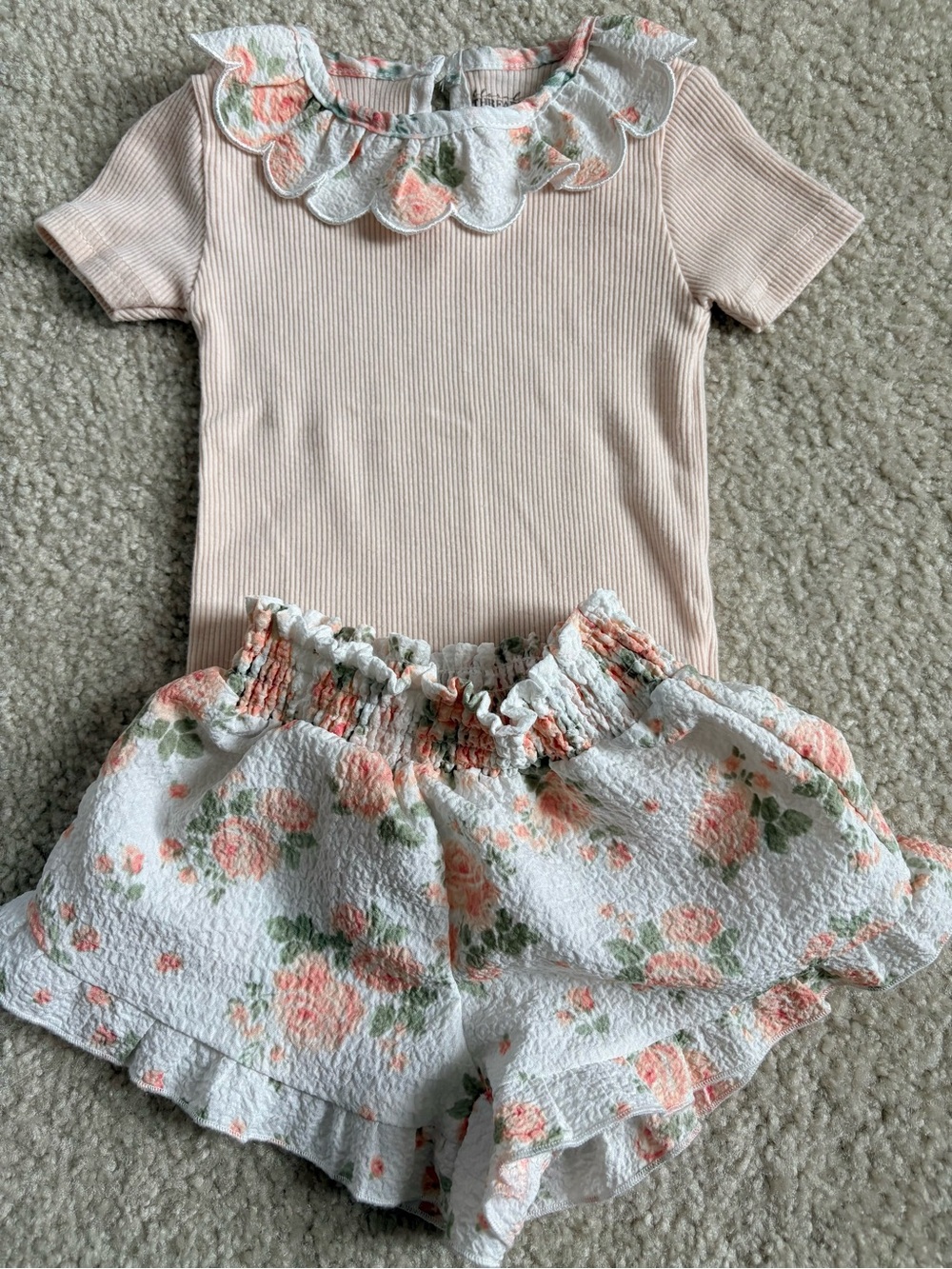 Girls Peach Floral Ruffle Matching Set